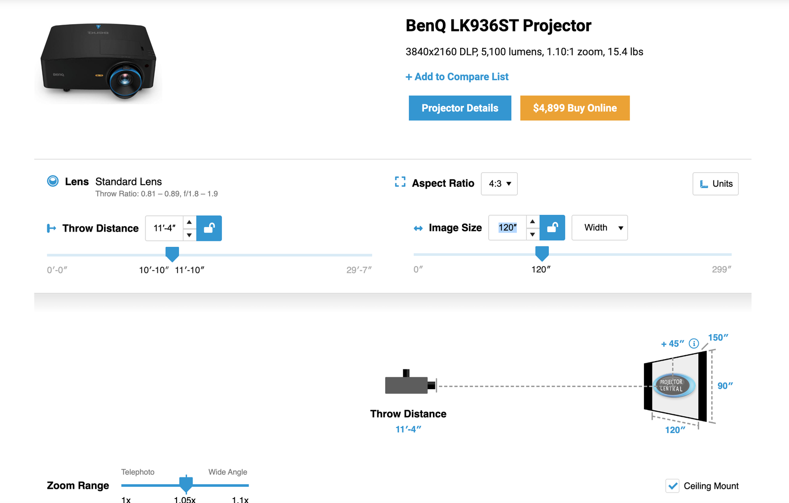 BenQ LK936ST Throw Distance Calculator for 10 Foot Screen